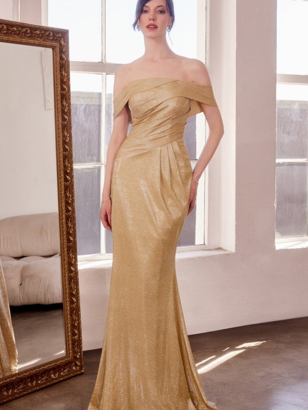New Off Shoulder Sheath Evening Long Gown w/ Pleated Details & Zip Back CD T603